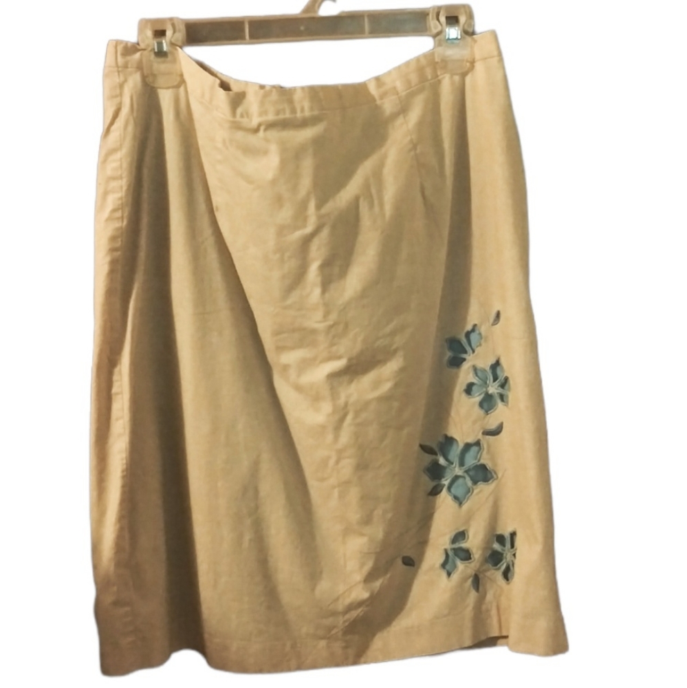 Jessie Sport Tan & Blue Embroidered Laser Cut Flowers Skirts 16W